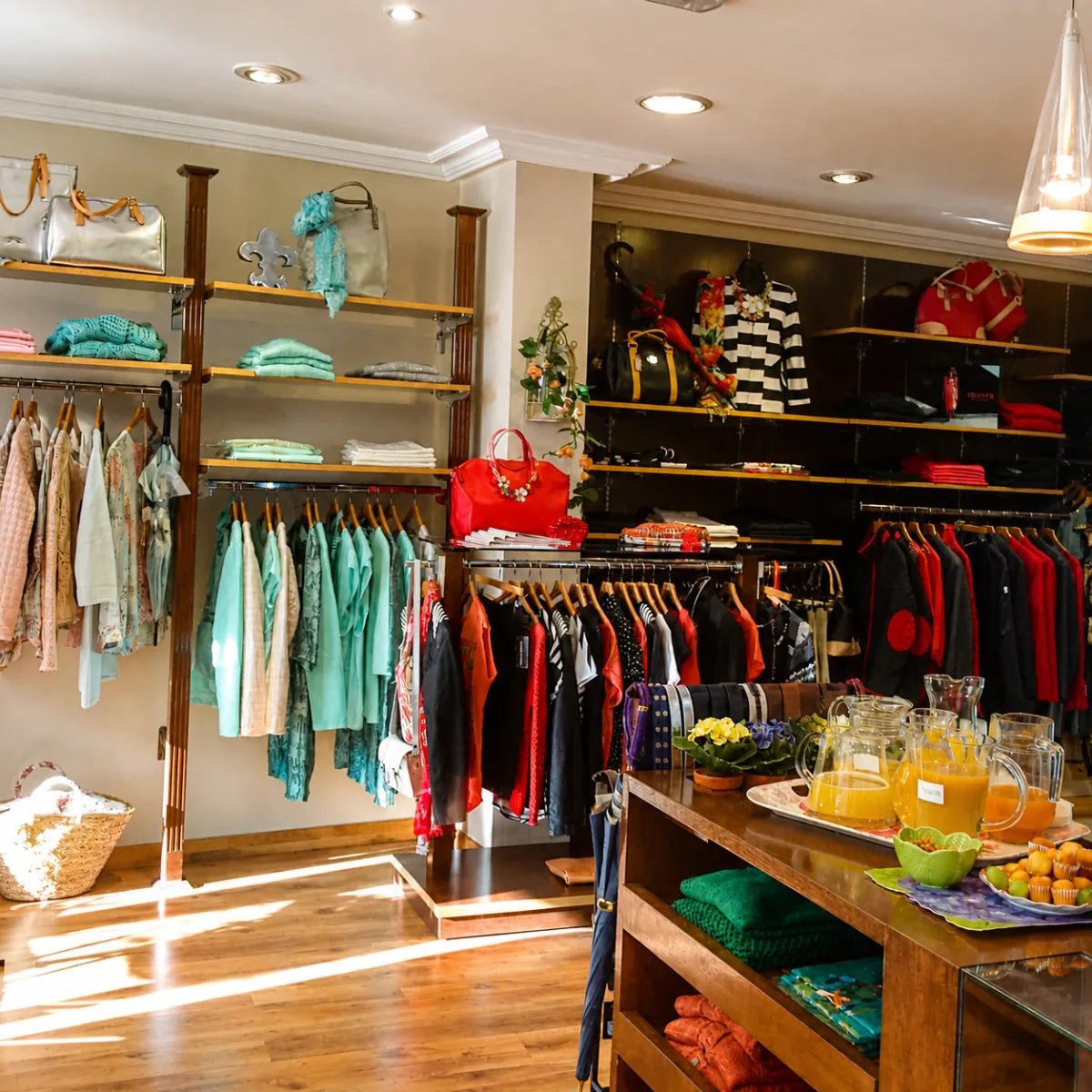 Interior de la boutique Tere Moda: percheros con prendas seleccionadas, bolsos y complementos bajo una luz cálida.